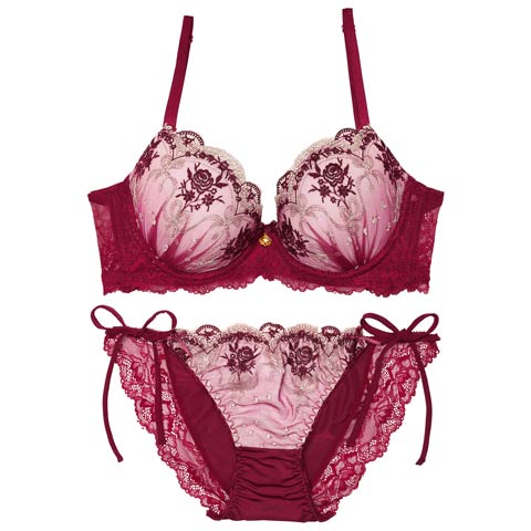 2/13新作!ラグジュアリーローズブーケ育乳脇高ブラジャー&サイド紐フルバックショーツ［激売れ］(ワインレッド-A65/ショーツM)