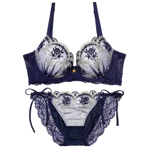 2/13新作!ラグジュアリーローズブーケ育乳脇高ブラジャー&サイド紐フルバックショーツ［激売れ］(ネイビー-A65/ショーツM)