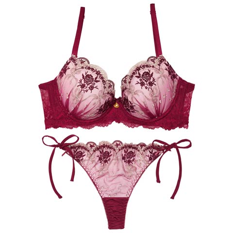 2/13新作!ラグジュアリーローズブーケ育乳脇高ブラジャー&サイド紐バック透けTバックショーツ［激売れ］(ワインレッド-A65/ショーツM)