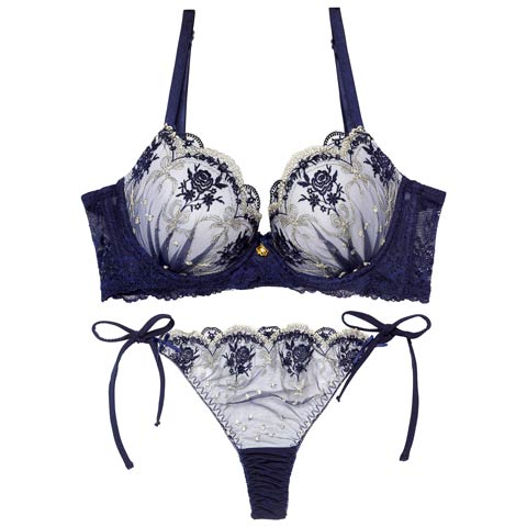 2/13新作!ラグジュアリーローズブーケ育乳脇高ブラジャー&サイド紐バック透けTバックショーツ［激売れ］(ネイビー-A65/ショーツM)