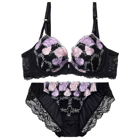3/27新作!【GHIサイズ】ルミナスローズエンブロイダリー育乳脇高ブラジャー&フルバックショーツ［大人気］(ブラック-G75/ショーツL)