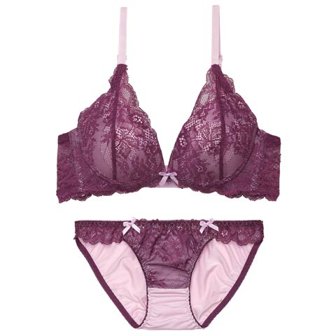 2/2新作!ディープバイカラーレース育乳脇高ブラジャー&フルバックショーツ［激売れ］(パープル-A70/ショーツM)