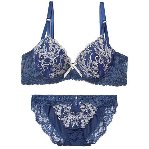 2/11新作!エレガントピュアリリー育乳脇高ブラジャー&フルバックショーツ［激売れ］(ネイビー-A70/ショーツM)