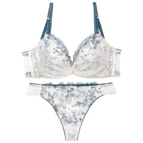 1/17再販!ブロッサムギャザーレース育乳脇高ブラジャー&バック透けTバックショーツ［激売れ］(ホワイト-A65/ショーツM)