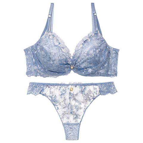 1/17再販!ブロッサムギャザーレース育乳脇高ブラジャー&バック透けTバックショーツ［激売れ］(ブルー-A65/ショーツM)