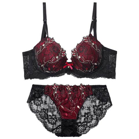 4/20新作!【三上悠亜着用】ミステリアスローズ育乳脇高ブラジャー&バック透けフルバックショーツ［激売れ］(ワインレッド-A65/ショーツM)