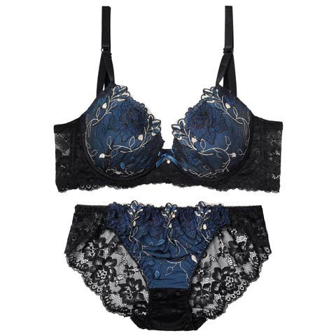 4/20新作!【三上悠亜着用】ミステリアスローズ育乳脇高ブラジャー&バック透けフルバックショーツ［激売れ］(ネイビー-A65/ショーツM)