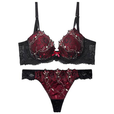 4/20新作!【三上悠亜着用】ミステリアスローズ育乳脇高ブラジャー&バック透けフルバックショーツ［激売れ］(ワインレッド-A65/ショーツM)