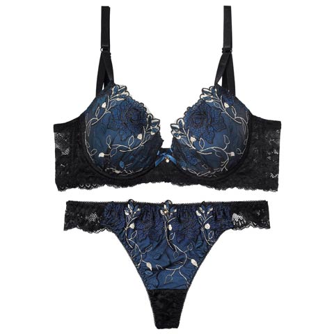 4/20新作!【三上悠亜着用】ミステリアスローズ育乳脇高ブラジャー&バック透けフルバックショーツ［激売れ］(ネイビー-A65/ショーツM)