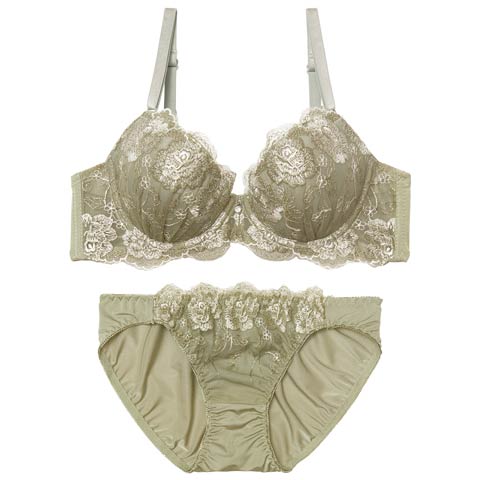 3/25新作!メロウブルームエンブロイダリーブラジャー&フルバックショーツ［激売れ］(カーキ-A70/ショーツM)