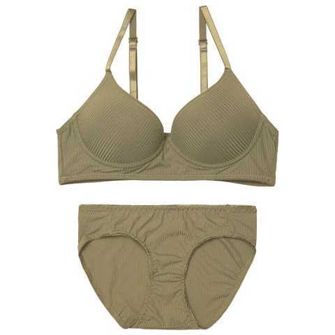 4/20新作!【ノンワイヤー】リラックスリブブラジャー&フルバックショーツ［激売れ］(カーキ-M)
