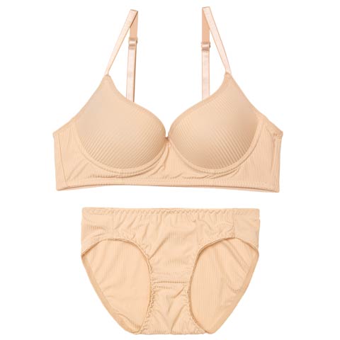 4/20新作!【ノンワイヤー】リラックスリブブラジャー&フルバックショーツ［激売れ］(ベージュ-M)