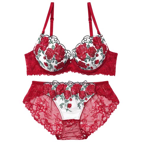 4/17新作!グラマラス ブライトフラワーブラジャー&バック透けフルバックショーツ［激売れ］(レッド-A65/ショーツM)