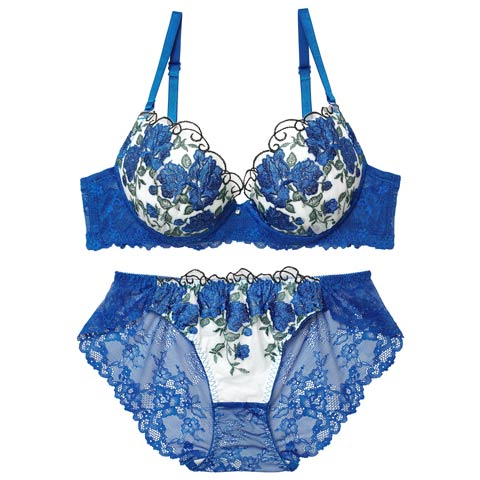 4/17新作!グラマラス ブライトフラワーブラジャー&バック透けフルバックショーツ［激売れ］(ブルー-A65/ショーツM)