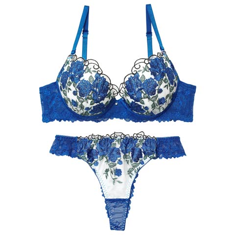 4/17新作!グラマラス ブライトフラワーブラジャー&バック透けTバックショーツ［激売れ］(ブルー-A65/ショーツM)