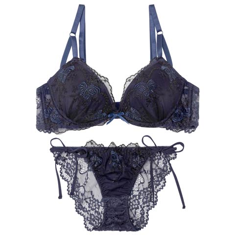 4/3新作!ミスティシアーロゼ育乳脇高ブラジャー&サイド紐バック透けフルバックショーツ［激売れ］(ネイビー-A65/ショーツM)