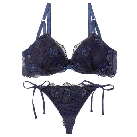 4/3新作!ミスティシアーロゼ育乳脇高ブラジャー&サイド紐バック透けTバックショーツ［激売れ］(ネイビー-A65/ショーツM)