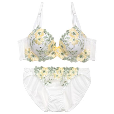 4/8新作!【EFサイズ】フェアリーテイルフラワー育乳脇高ブラジャー&フルバックショーツ［大人気］(ホワイト-E70/ショーツM)