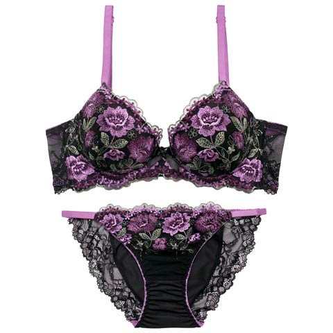 4/17新作!ダークフラワーブルーム育乳脇高ブラジャー&フルバックショーツ［激売れ］(パープル-A70/ショーツM)