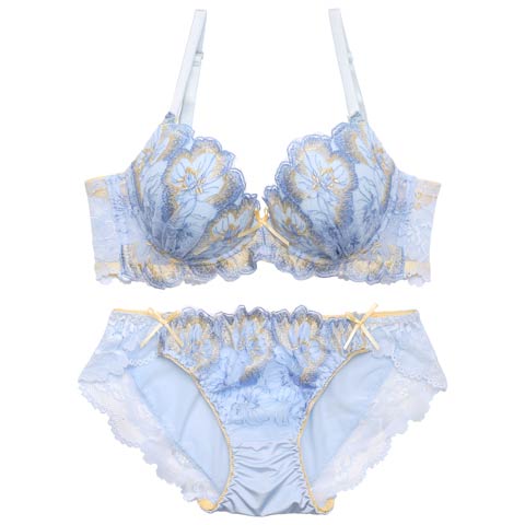 4/15新作!フェミニンエレガンスフラワー育乳脇高ブラジャー&フルバックショーツ［激売れ］(ブルー-A70/ショーツM)