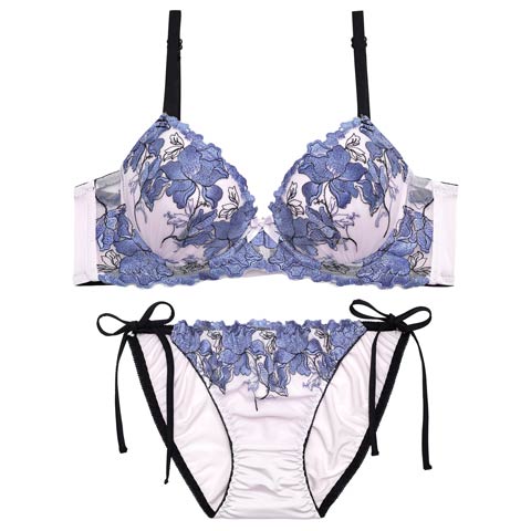 4/6新作!【三上悠亜着用】グロリアスブルーミング育乳脇高ブラジャー&サイド紐フルバックショーツ［激売れ］(ブルー-A65/ショーツM)