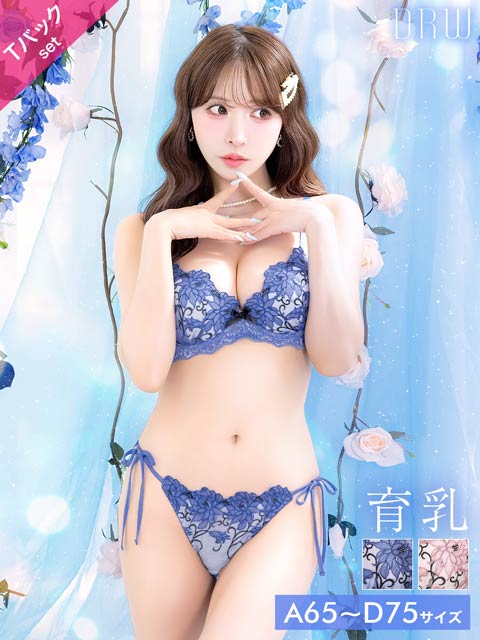 【三上悠亜着用】ノーブルボタニカルエンブロイダリー育乳脇高ブラジャー&サイド紐バック透けTバックショーツ