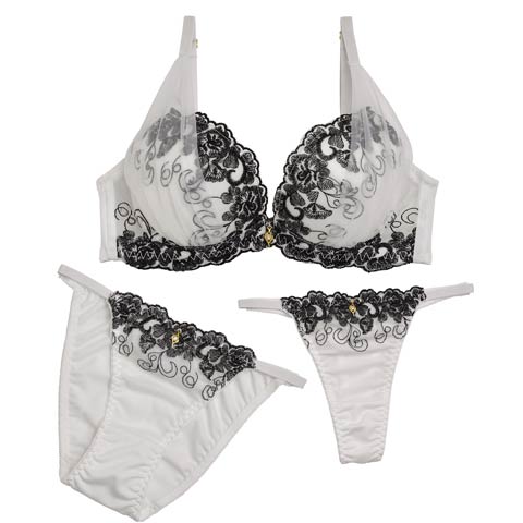 【3点セット】【GHIサイズ】シアーレースフラワーブラジャー&フルバック&Tバックショーツ(ホワイト-G65/ショーツM)