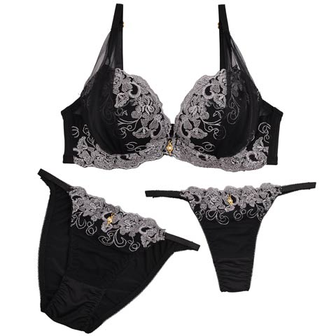 【3点セット】【GHIサイズ】シアーレースフラワーブラジャー&フルバック&Tバックショーツ(ブラック-G65/ショーツM)