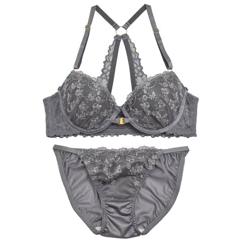 ディープベルフラワーフロントホックブラジャー&フルバックショーツ(グレー-A70/ショーツM)
