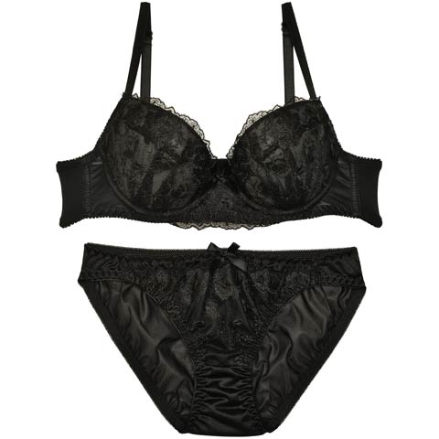 ワンカラーリッチレースブラジャー&フルバックショーツ(ブラック-A70/ショーツM)