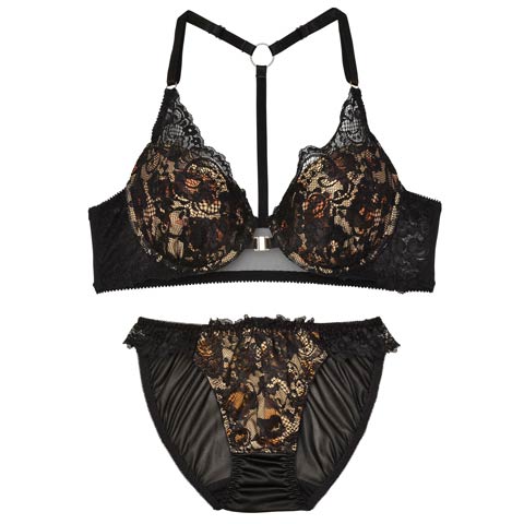 ビターレオパードレースフロントホックブラジャー&フルバックショーツ(ブラック-A70/ショーツM)