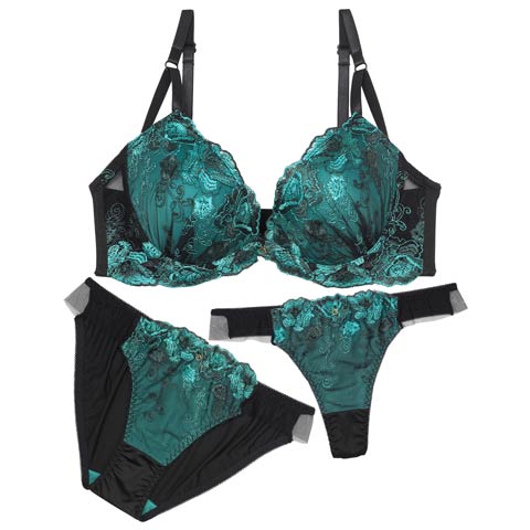 【三上悠亜着用】【3点セット】【GHIサイズ】クラッシーチュールローズブラジャー&フルバック&Tバックショーツ［大人気］(グリーン-G65/ショーツM)