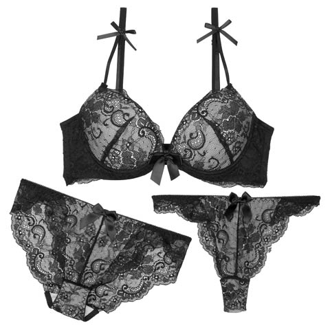 【3点セット】【GHIサイズ】モノトーンレーシィリボン育乳脇高ブラジャー&バック透けフルバック&Tバックショーツ［大人気］(ブラック-G65/ショーツM)