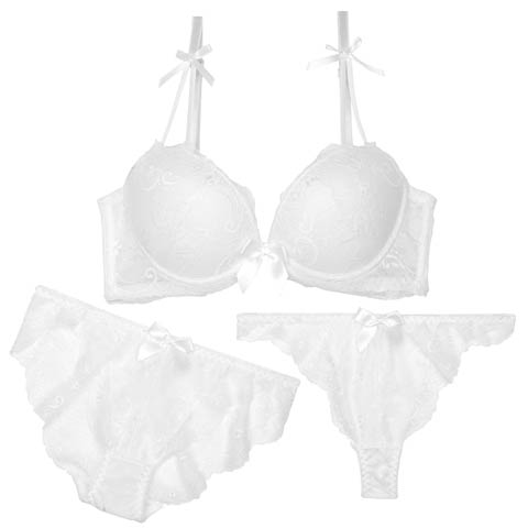 【3点セット】【GHIサイズ】モノトーンレーシィリボン育乳脇高ブラジャー&バック透けフルバック&Tバックショーツ［大人気］(ホワイト-G65/ショーツM)