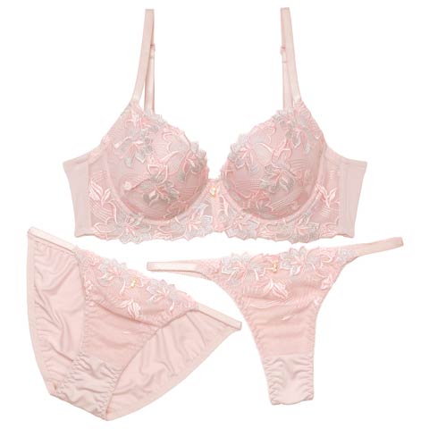 【3点セット】ミスティックアイビーフラワー育乳脇高ブラジャー&フルバック&Tバックショーツ［大人気］(ピンク-A70/ショーツM)