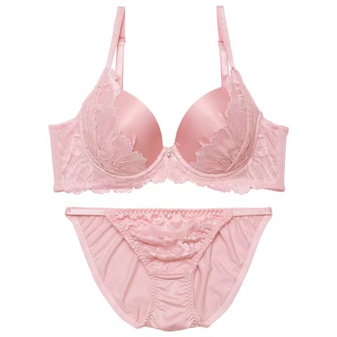 グロッシーペタルレース育乳脇高ブラジャー&フルバックショーツ［激売れ］(ピンク-A70/ショーツM)
