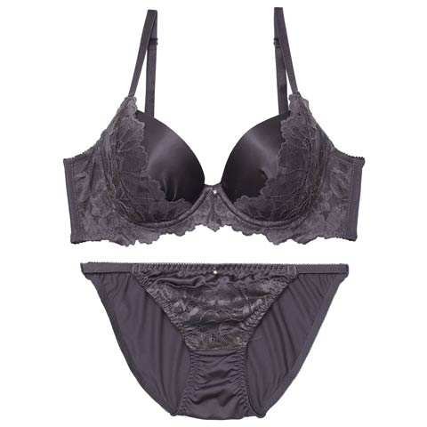 グロッシーペタルレース育乳脇高ブラジャー&フルバックショーツ［激売れ］(チャコール-A70/ショーツM)