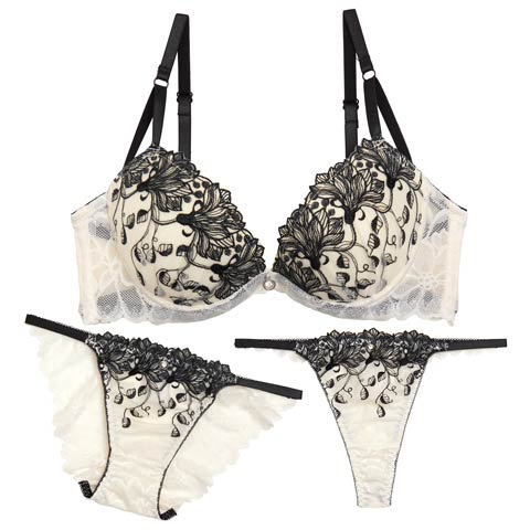 【3点セット】【GHIサイズ】ノーブルシルエットフラワーブラジャー&バック透けフルバック&Tバックショーツ［大人気］(アイボリー-G65/ショーツM)