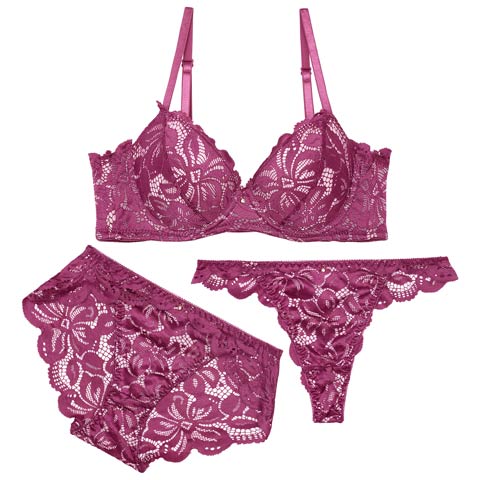 【3点セット】【GHサイズ】グロリアスレーシーブルーム育乳脇高ブラジャー&バック透けフルバック&Tバックショーツ［大人気］(パープル-G65/ショーツM)