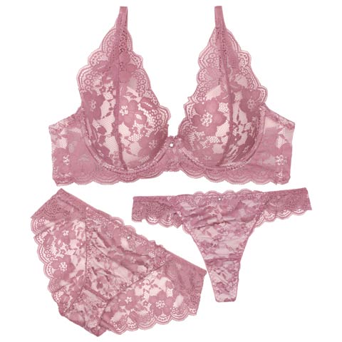 【3点セット】【GHIサイズ】ブルームエレガントレースブラジャー&バック透けフルバック&Tバックショーツ［大人気］(ピンク-G65/ショーツM)