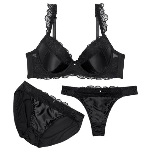 【3点セット】【GHIサイズ】クラッシーサテンレースブラジャー&フルバック&Tバックショーツ［大人気］(ブラック-G65/ショーツM)