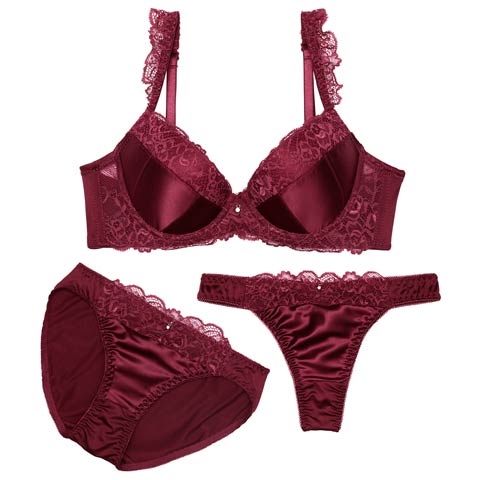 【3点セット】【GHIサイズ】クラッシーサテンレースブラジャー&フルバック&Tバックショーツ［大人気］(ボルドー-G65/ショーツM)
