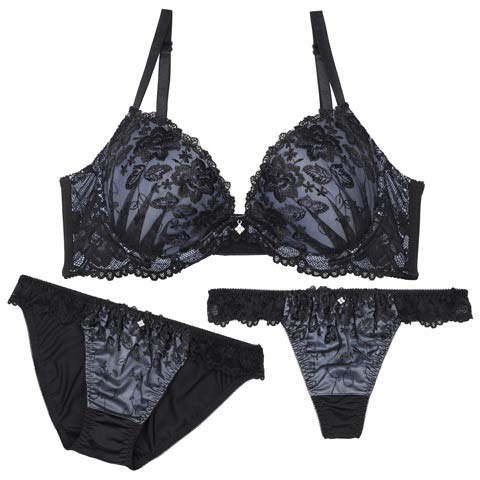 9/6再販!【3点セット】【GHIサイズ】エレガンスダークフラワー育乳脇高ブラジャー&フルバック&Tバックショーツ［大人気］(ブルー-G65/ショーツM)