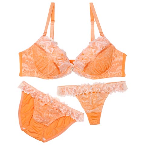 【3点セット】【GHIサイズ】ブリリアントフレッシュレーシィブラジャー&フルバック&Tバックショーツ［大人気］(オレンジ-G65/ショーツM)