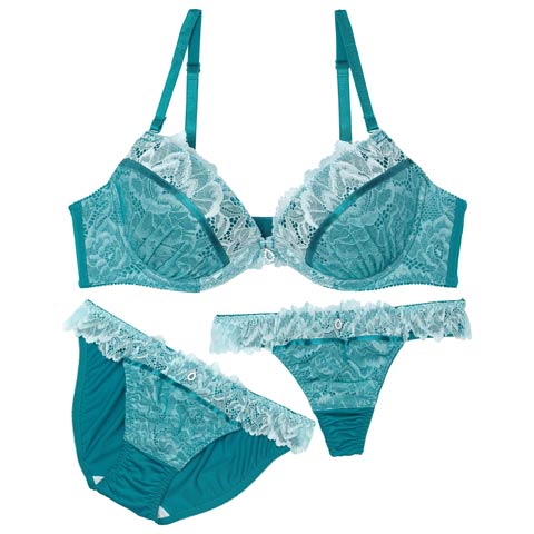 【3点セット】【GHIサイズ】ブリリアントフレッシュレーシィブラジャー&フルバック&Tバックショーツ［大人気］(グリーン-G65/ショーツM)