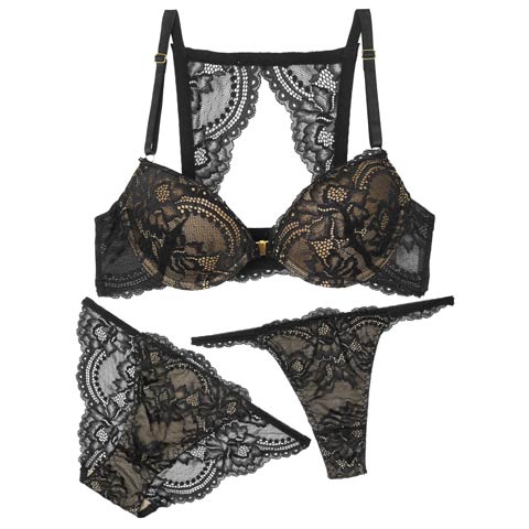 【3点セット】ヌーディバックカットレースフロントホックブラジャー&バック透けフルバック&Tバックショーツ［大人気］［週替］[スーパーセール](ブラック-A70/ショーツM)