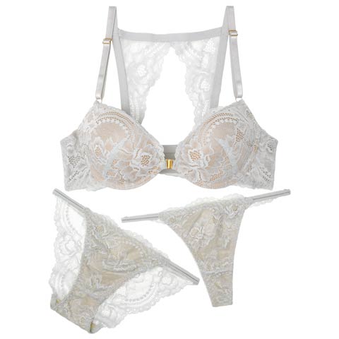 【3点セット】ヌーディバックカットレースフロントホックブラジャー&バック透けフルバック&Tバックショーツ［大人気］［週替］[スーパーセール](グレー-A70/ショーツM)