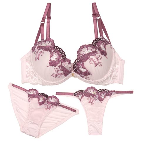 【3点セット】グレースシャインブルームブラジャー&フルバック&Tバックショーツ［大人気］(ピンク-A70/ショーツM)