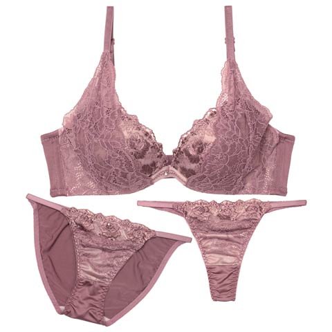 【3点セット】トワイライトレースフラワー育乳脇高ブラジャー&フルバック&Tバックショーツ［大人気］(パープル-A70/ショーツM)
