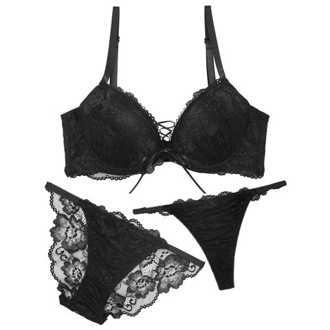 9/6再販!【かとゆり着用】【3点セット】エレガンスレースアップ育乳脇高ブラジャー&バック透けフルバック&Tバックショーツ［大人気］(ブラック-A70/ショーツM)